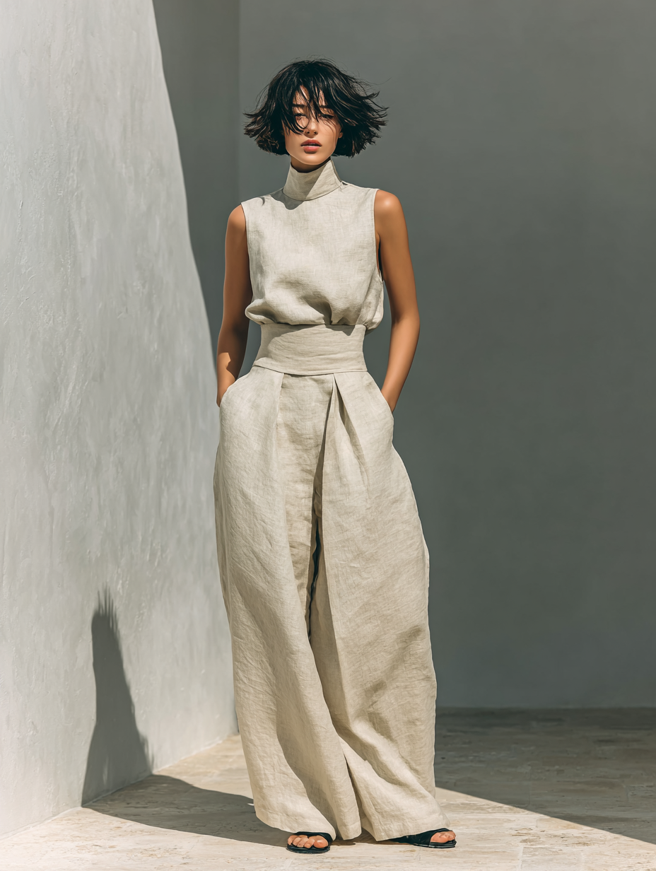 Anji • Set composto da camicetta senza maniche e pantaloni a gamba larga in misto cotone e lino