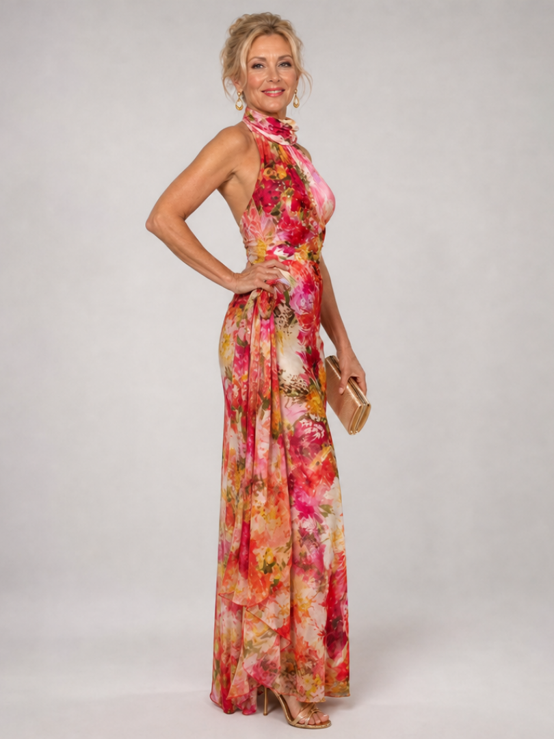 Elisabetta | Vestito Maxi con Stampa Floreale e Collo Halter