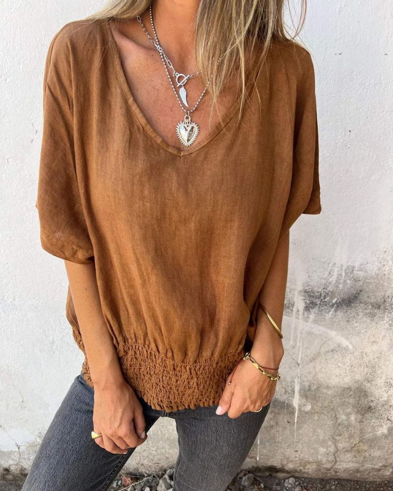 BOMIA - T-shirt Comoda con Vita e Scollo a V