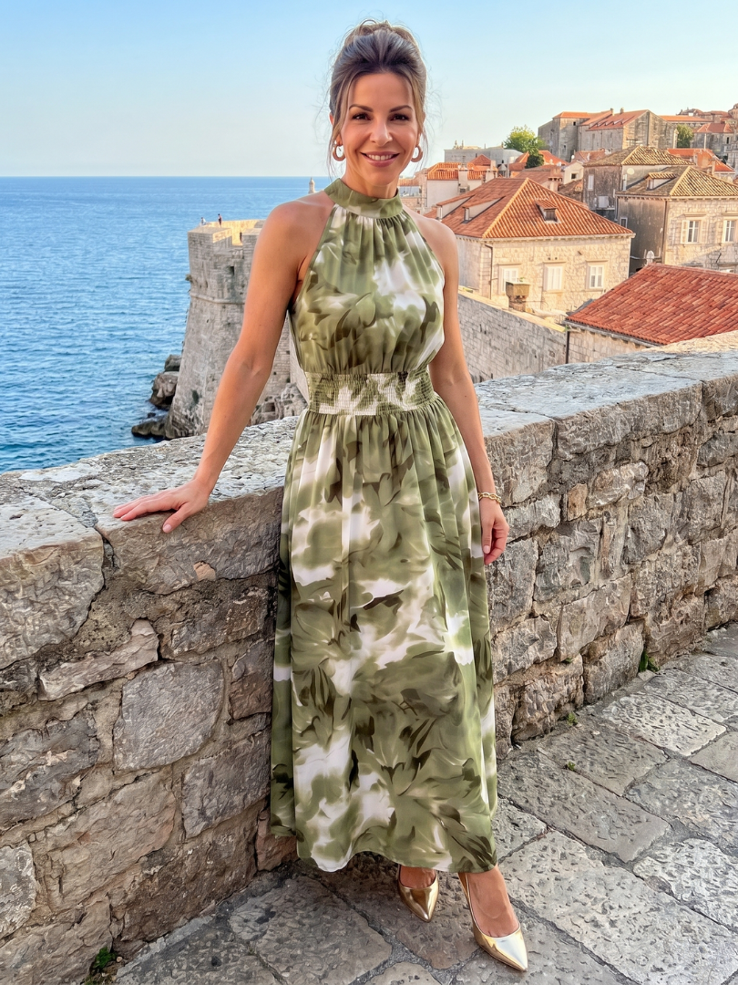 Olivia | Vestito midi con vita arricciata e stampa astratta