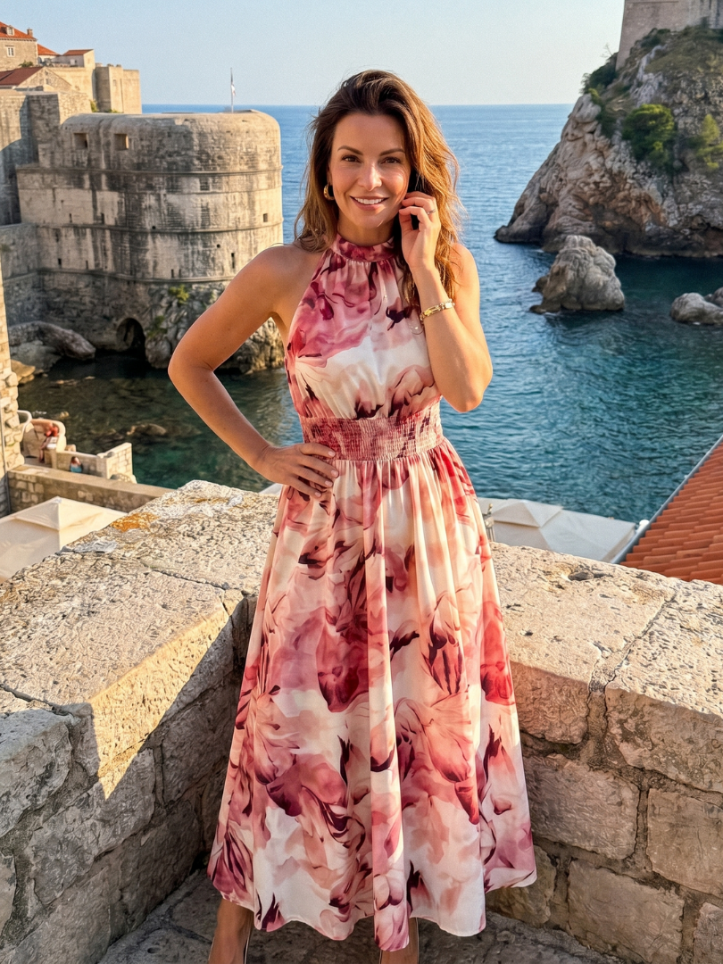 Olivia | Vestito midi con vita arricciata e stampa astratta