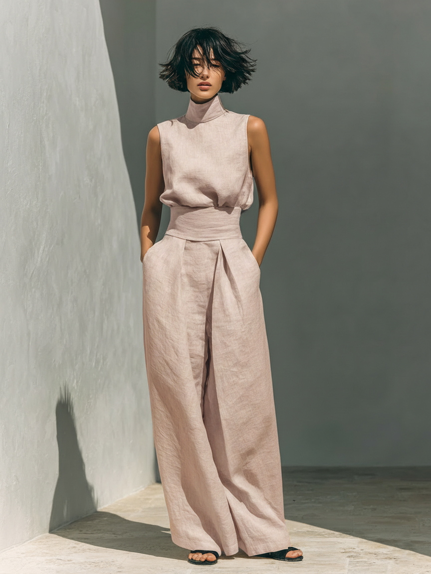 Anji • Set composto da camicetta senza maniche e pantaloni a gamba larga in misto cotone e lino