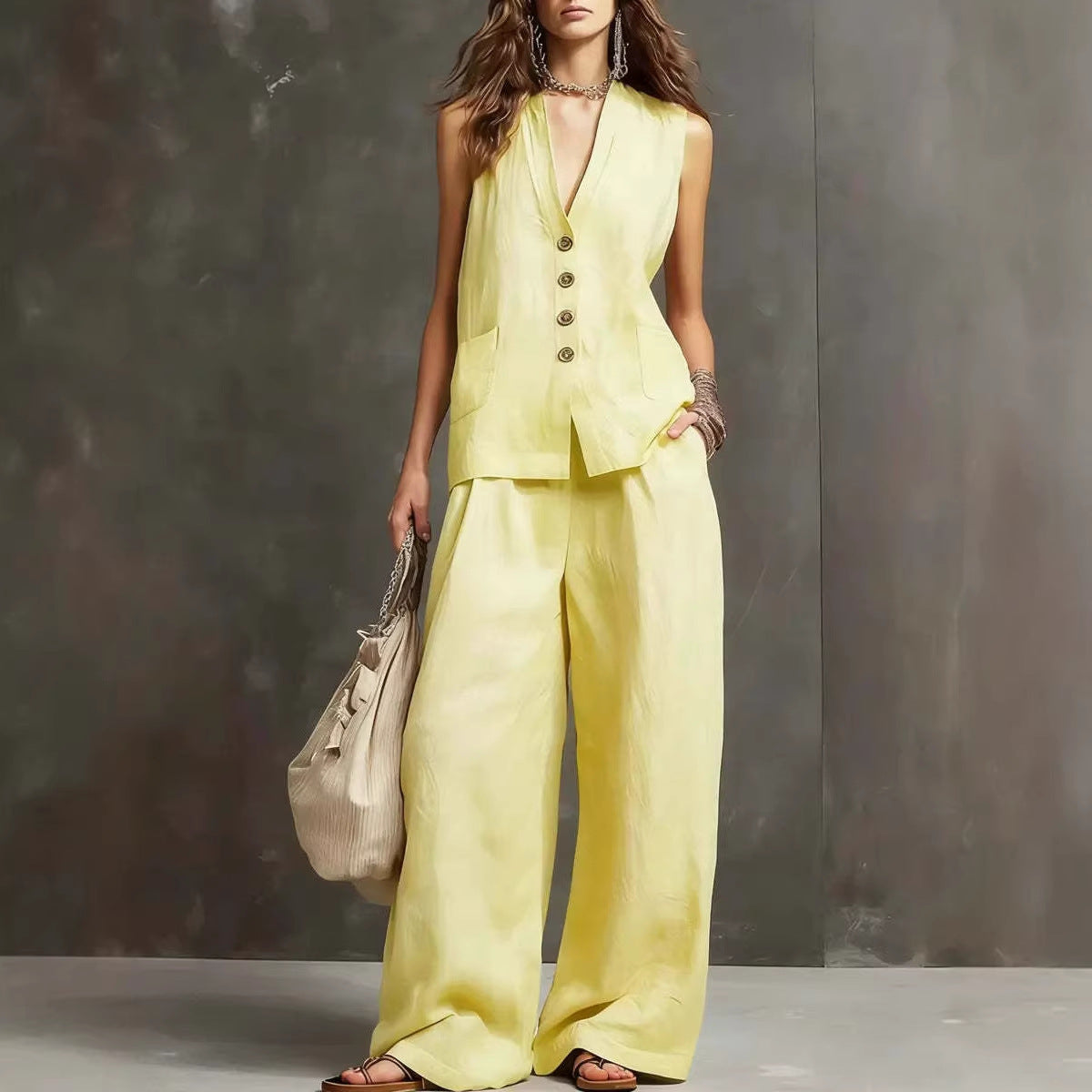 Aria • Completo due pezzi in cotone e lino con gilet senza maniche e pantaloni a gamba larga