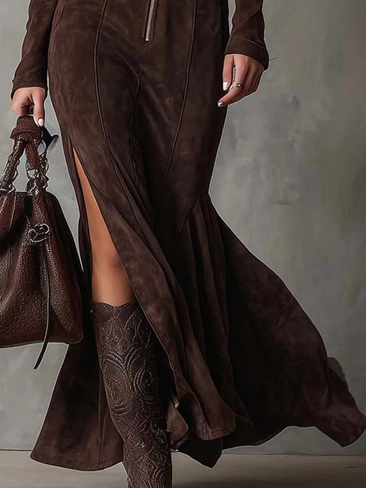 Marsella - Vestido largo marrón con cinturón