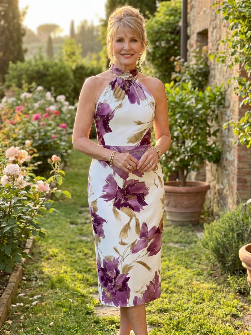 Zinnara | Abito Midi con Scollo a Halter e Stampa Floreale