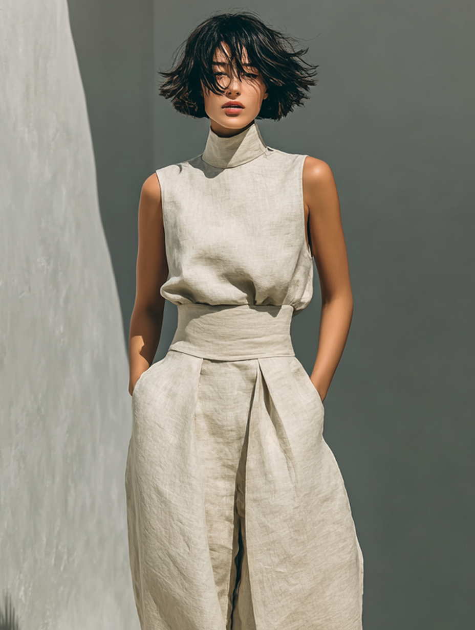 Anji • Set composto da camicetta senza maniche e pantaloni a gamba larga in misto cotone e lino