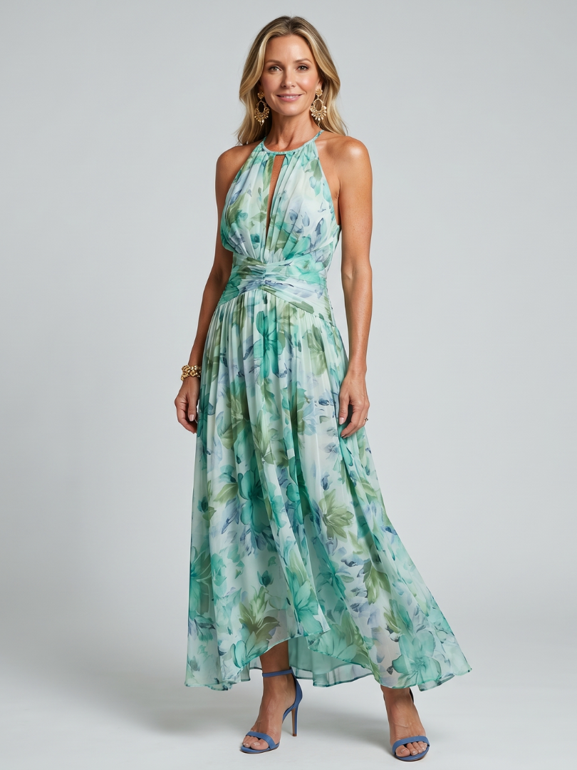 Portia | Vestito Midi con Scollo Halter a Pieghe e Motivo Floreale Morbido