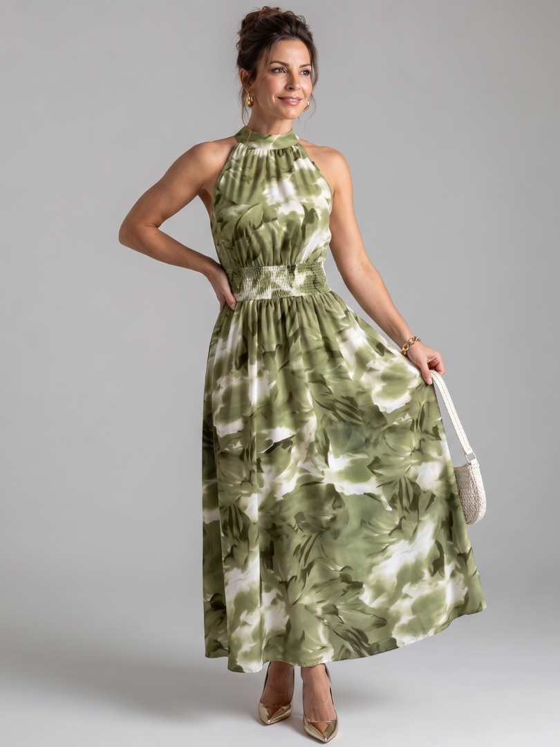 Olivia | Vestito midi con vita arricciata e stampa astratta