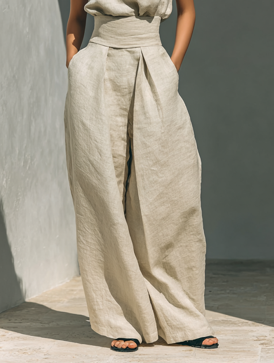 Anji • Set composto da camicetta senza maniche e pantaloni a gamba larga in misto cotone e lino