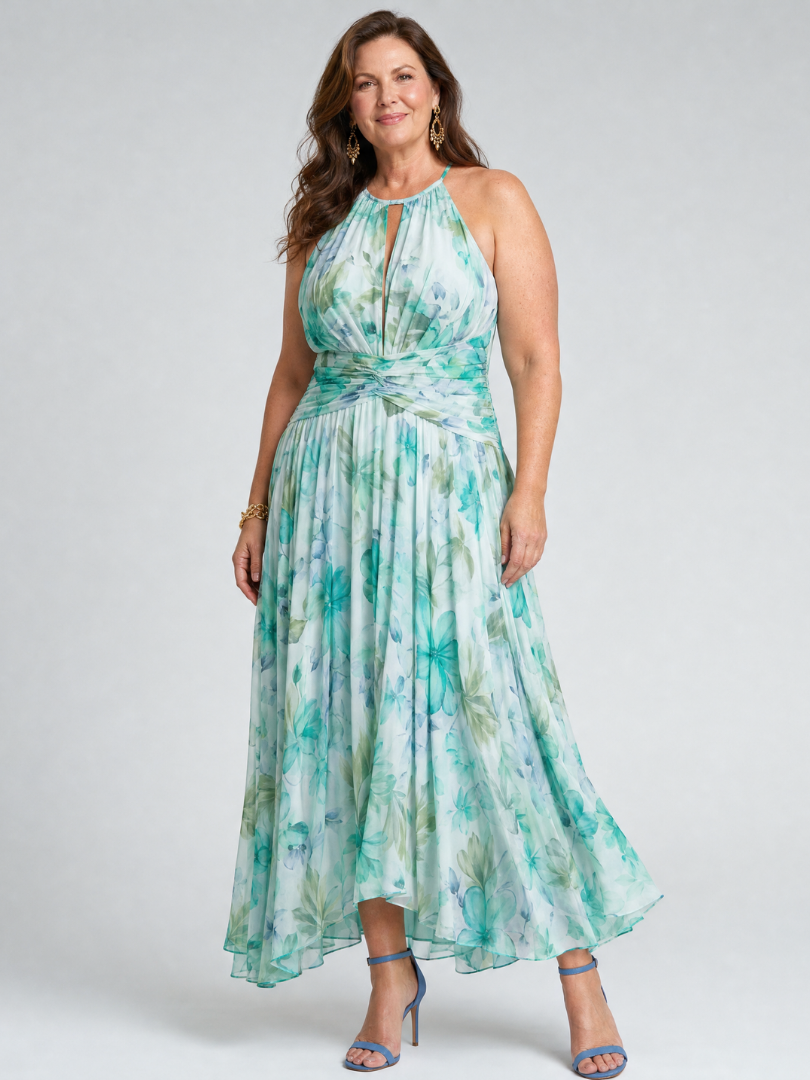 Portia | Vestito Midi con Scollo Halter a Pieghe e Motivo Floreale Morbido