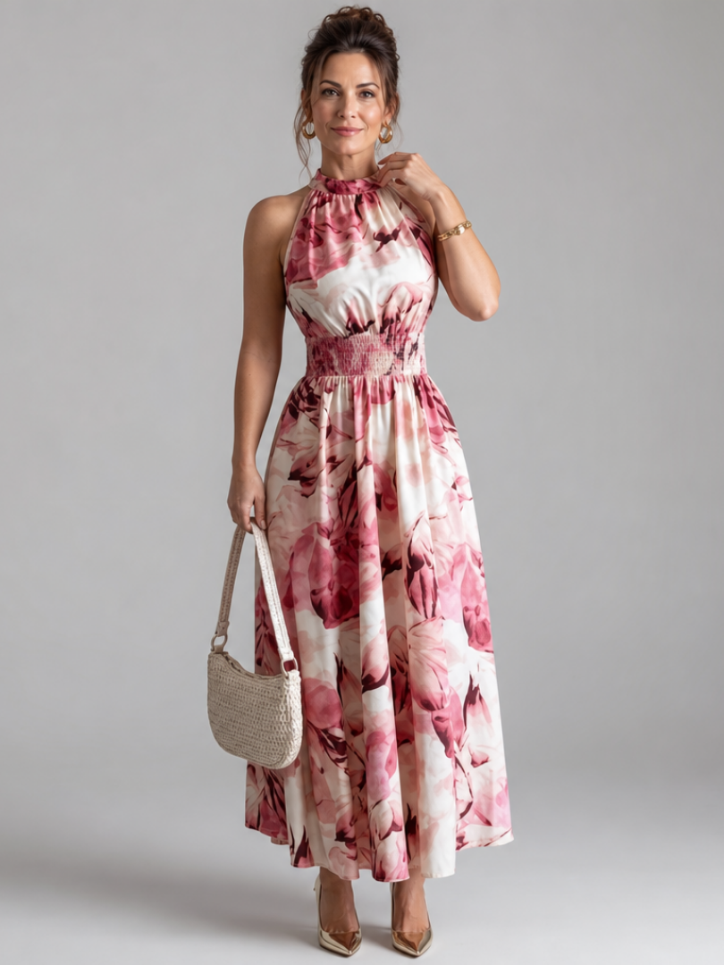 Olivia | Vestito midi con vita arricciata e stampa astratta