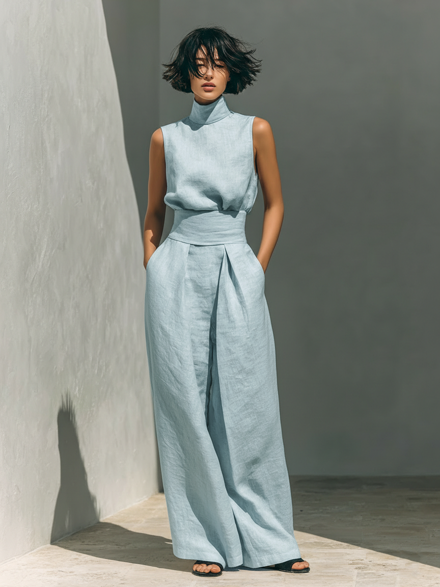 Anji • Set composto da camicetta senza maniche e pantaloni a gamba larga in misto cotone e lino