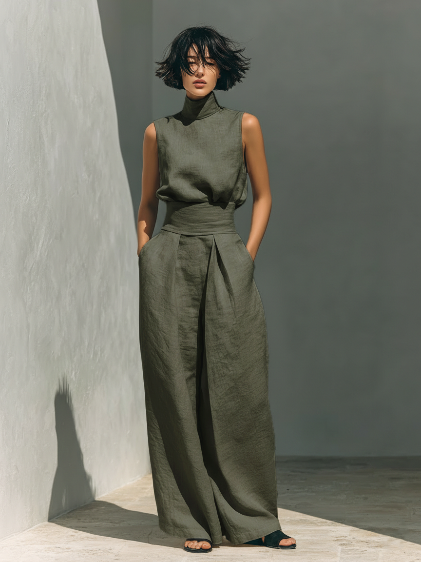Anji • Set composto da camicetta senza maniche e pantaloni a gamba larga in misto cotone e lino