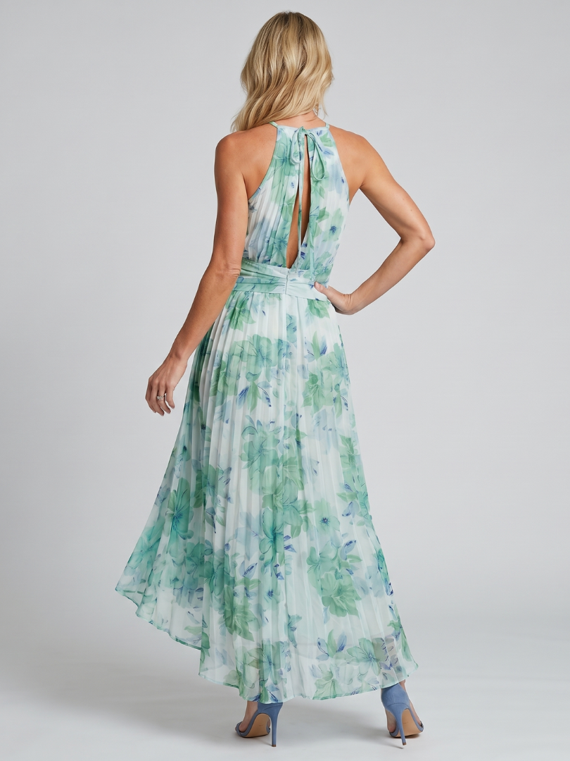 Portia | Vestito Midi con Scollo Halter a Pieghe e Motivo Floreale Morbido